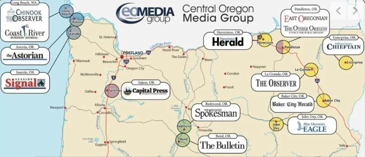Map of EO Media Group publications in Oregon — and one in southwestern Washington. It is also a partner in the Oregon Capital Bureau covering state politics.  EO Media Group plans on starting a newspaper in Medford where the Medford Mail Tribune recently ended publication; the paper traced its roots to 1909. (EO Media Group)